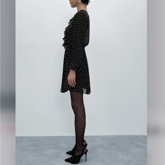 Zara Pleated Black Dress with White Polka Dot Printed Size Medium - Picture 3 of 9